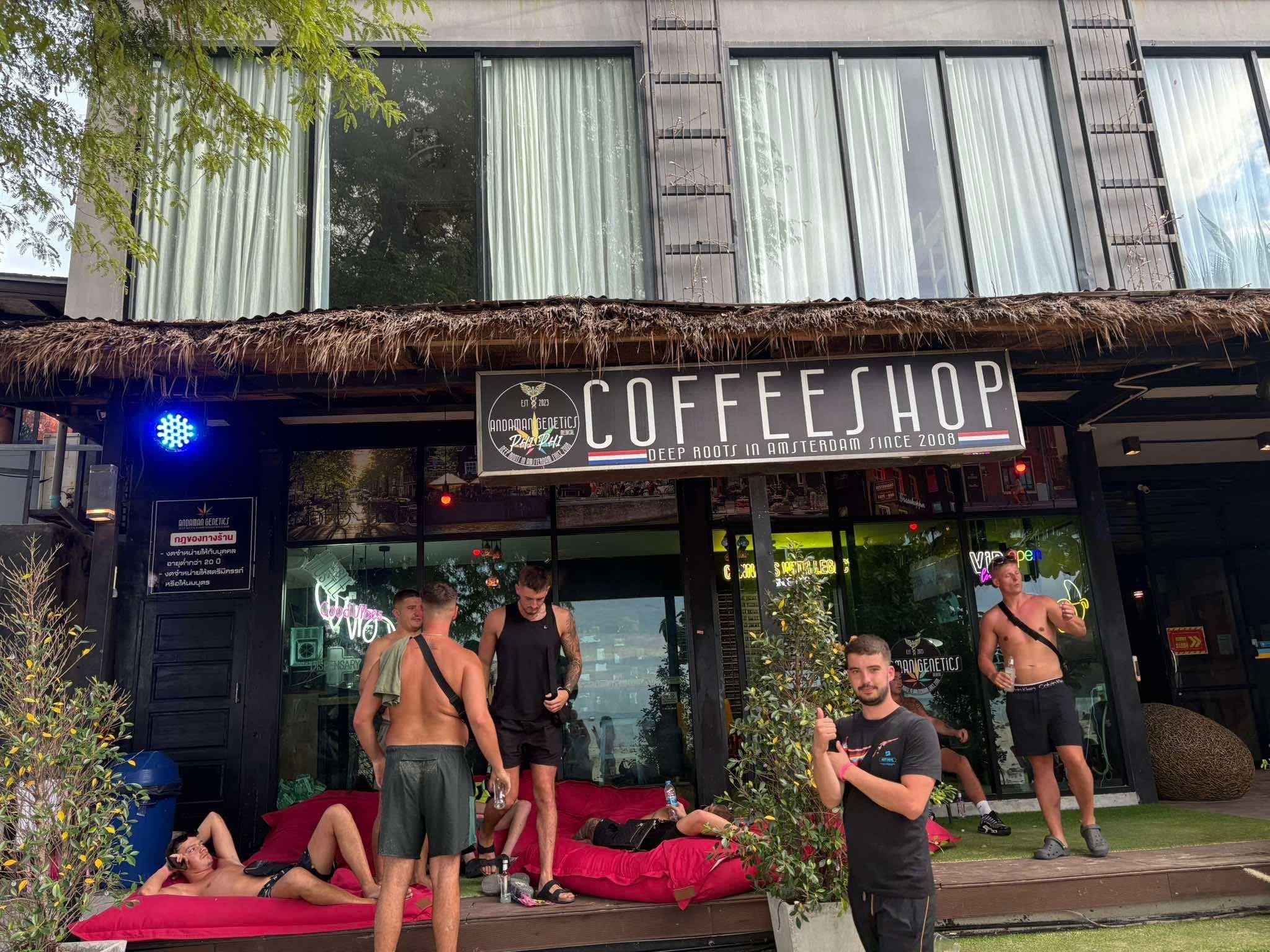 Customers standing outside Andaman Genetics weed shop on Koh Phi Phi